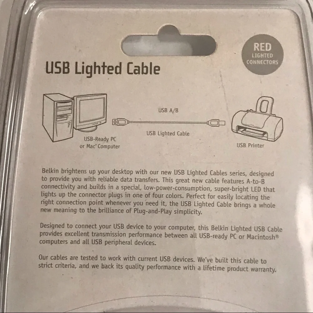 Belkin USB Red Lighted Cable - 6 feet -F3U144-06-RED - New in box.